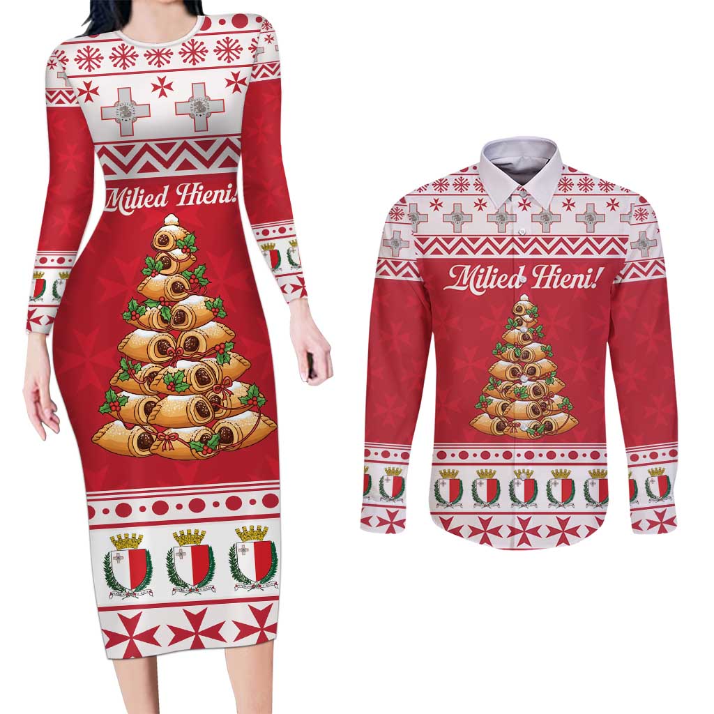 Traditional Maltese Imqaret Pastry Couples Matching Long Sleeve Bodycon Dress and Long Sleeve Button Shirt Malta Imqaret Christmas Tree - Wonder Print Shop