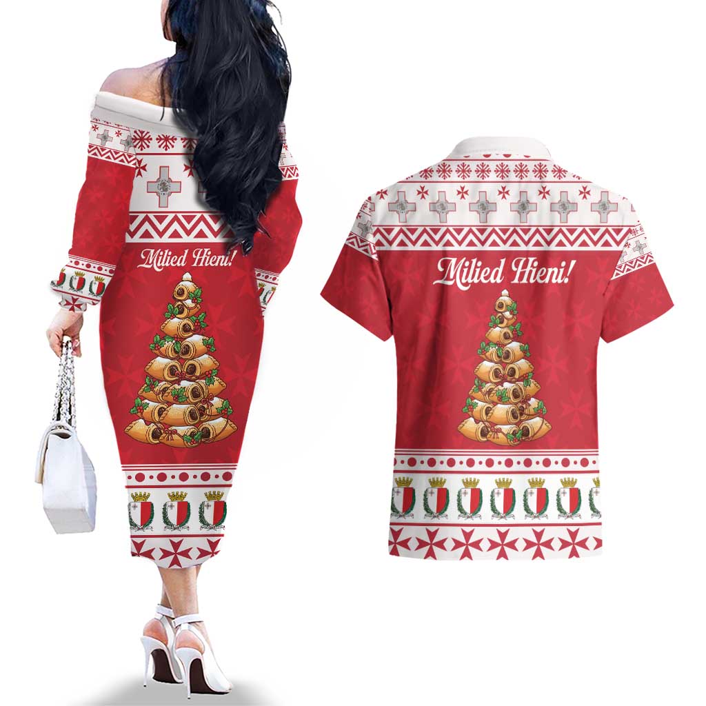 Traditional Maltese Imqaret Pastry Couples Matching Off The Shoulder Long Sleeve Dress and Hawaiian Shirt Malta Imqaret Christmas Tree - Wonder Print Shop