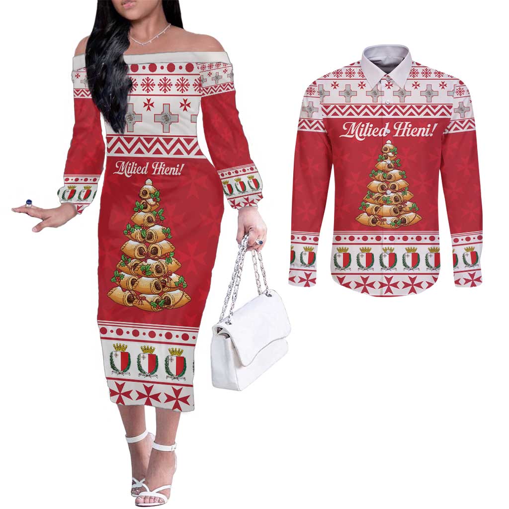 Traditional Maltese Imqaret Pastry Couples Matching Off The Shoulder Long Sleeve Dress and Long Sleeve Button Shirt Malta Imqaret Christmas Tree - Wonder Print Shop