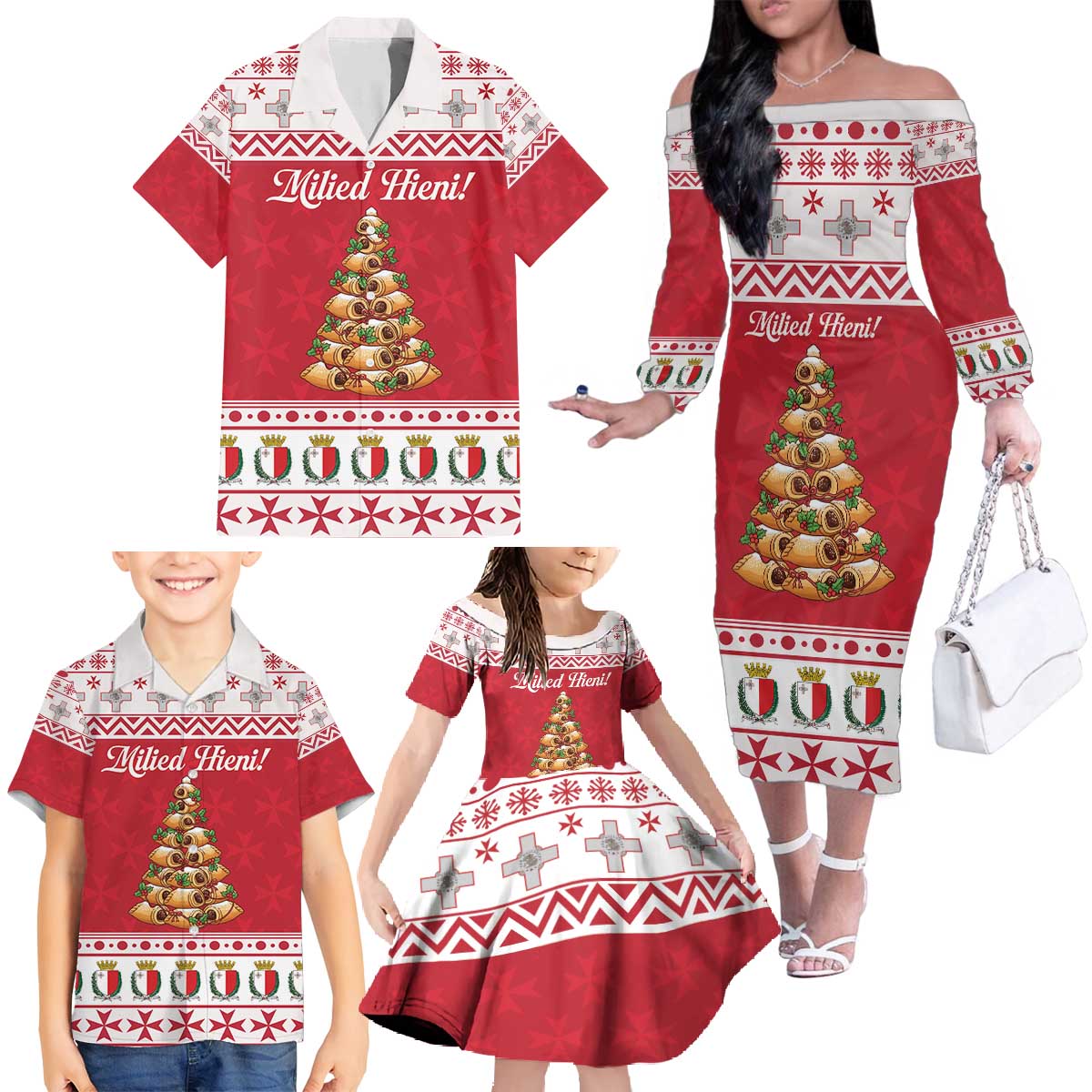 Traditional Maltese Imqaret Pastry Family Matching Off The Shoulder Long Sleeve Dress and Hawaiian Shirt Malta Imqaret Christmas Tree - Wonder Print Shop