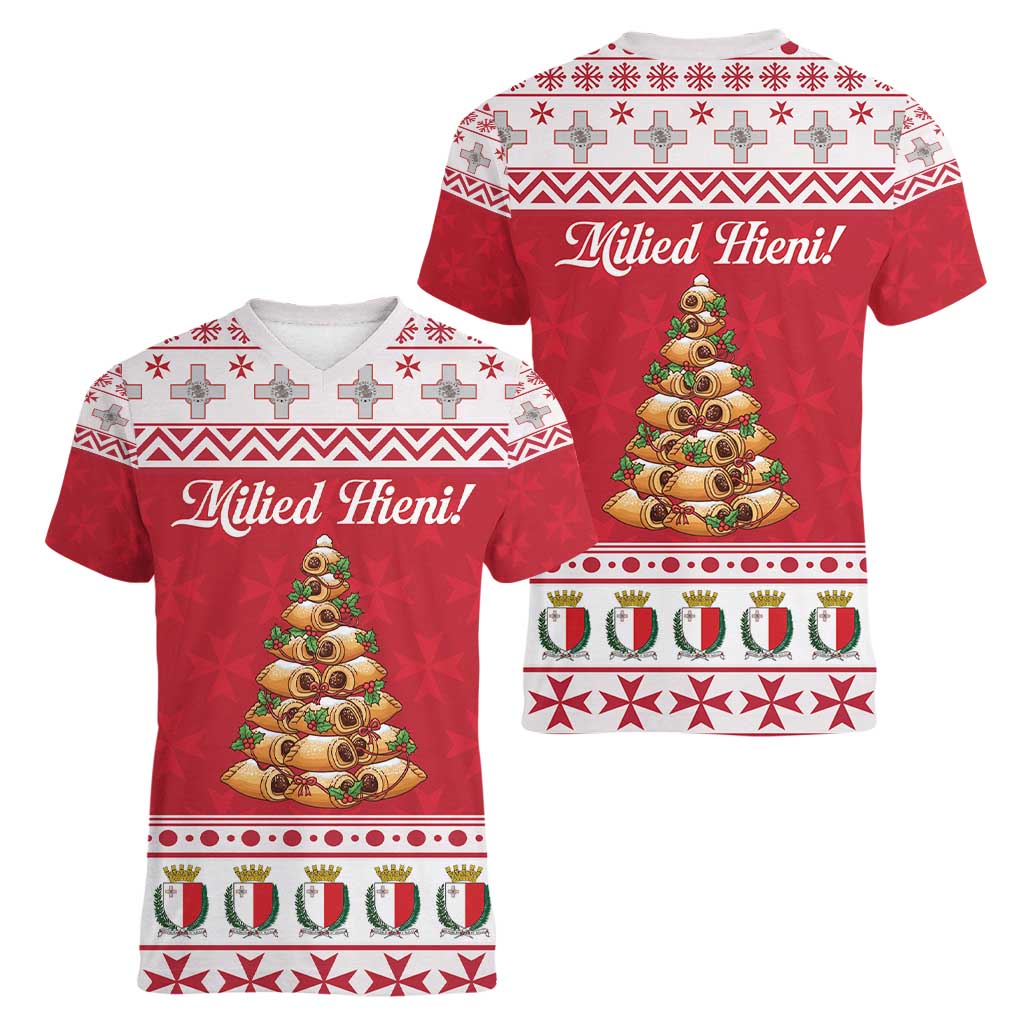 Traditional Maltese Imqaret Pastry Women V-Neck T-Shirt Malta Imqaret Christmas Tree - Wonder Print Shop