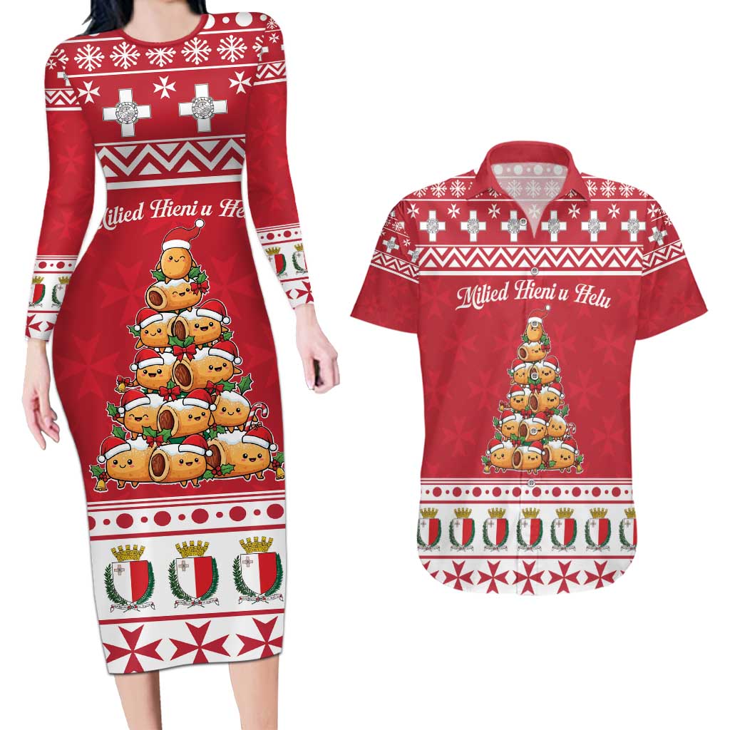 Cute Maltese Imqaret Pastry Christmas Couples Matching Long Sleeve Bodycon Dress and Hawaiian Shirt Christmas Joy in Malta - Wonder Print Shop