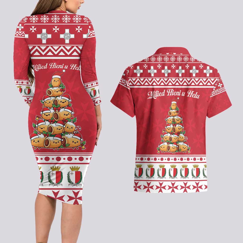 Cute Maltese Imqaret Pastry Christmas Couples Matching Long Sleeve Bodycon Dress and Hawaiian Shirt Christmas Joy in Malta - Wonder Print Shop