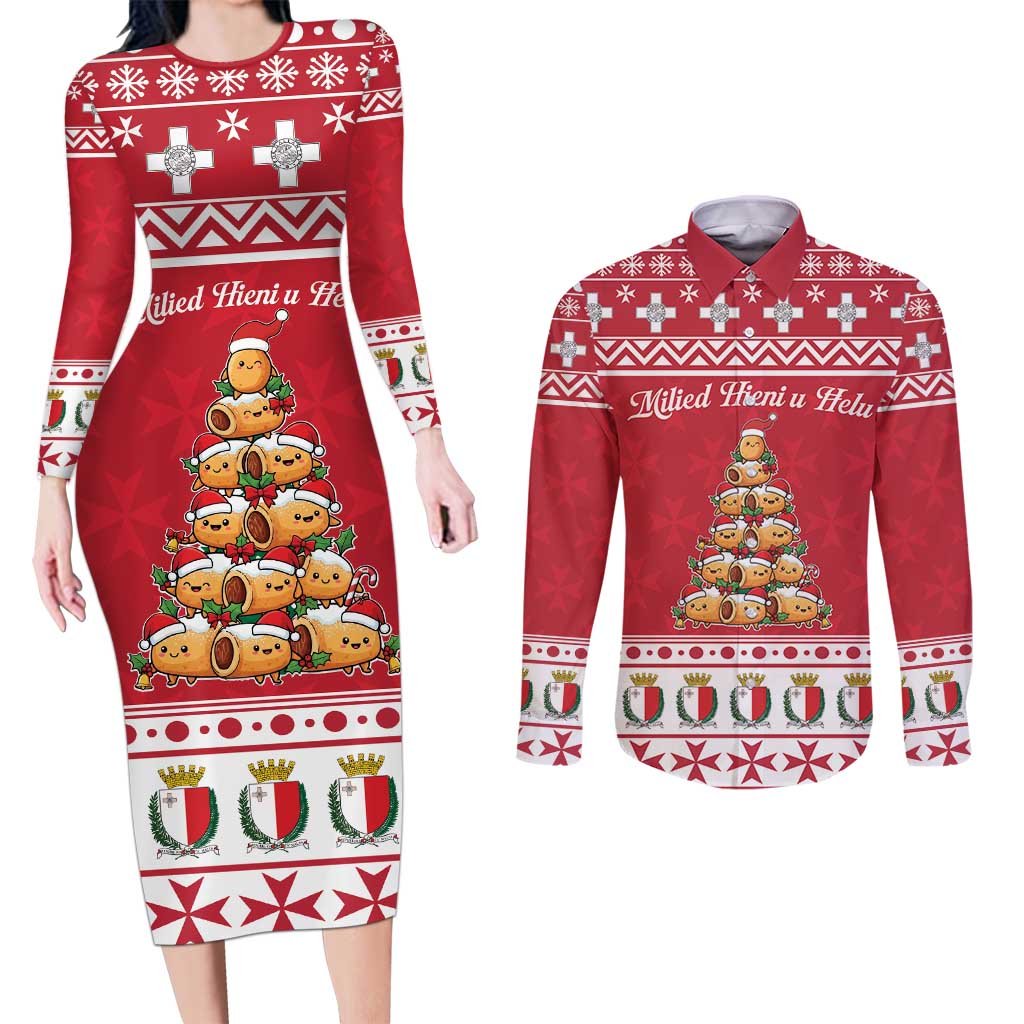Cute Maltese Imqaret Pastry Christmas Couples Matching Long Sleeve Bodycon Dress and Long Sleeve Button Shirt Christmas Joy in Malta - Wonder Print Shop