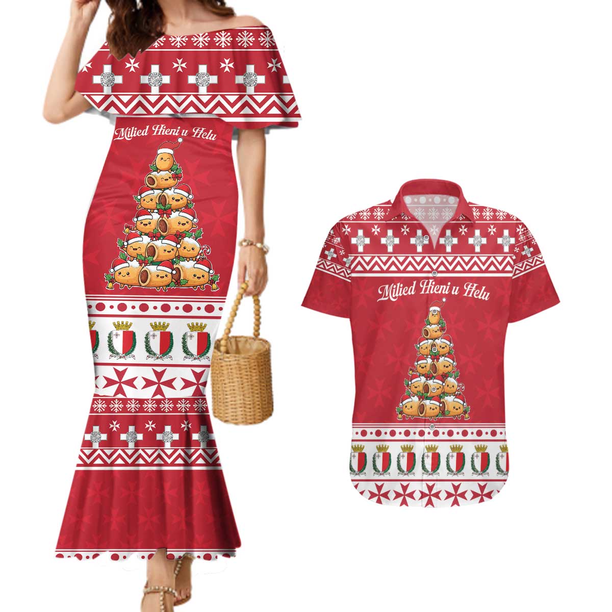 Cute Maltese Imqaret Pastry Christmas Couples Matching Mermaid Dress and Hawaiian Shirt Christmas Joy in Malta - Wonder Print Shop