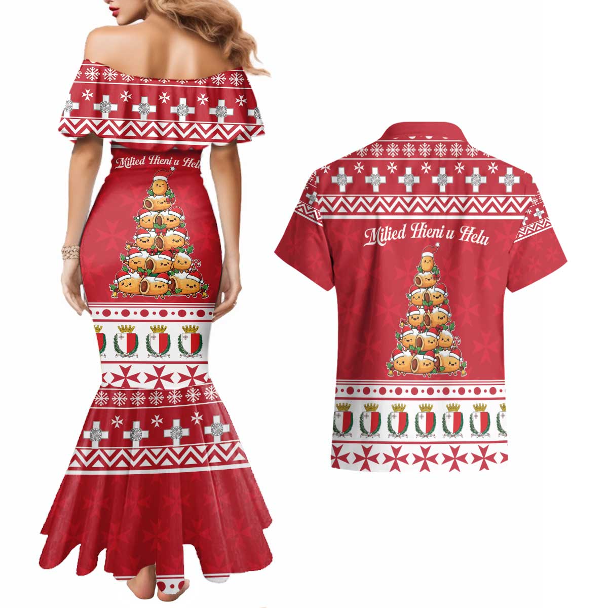 Cute Maltese Imqaret Pastry Christmas Couples Matching Mermaid Dress and Hawaiian Shirt Christmas Joy in Malta - Wonder Print Shop