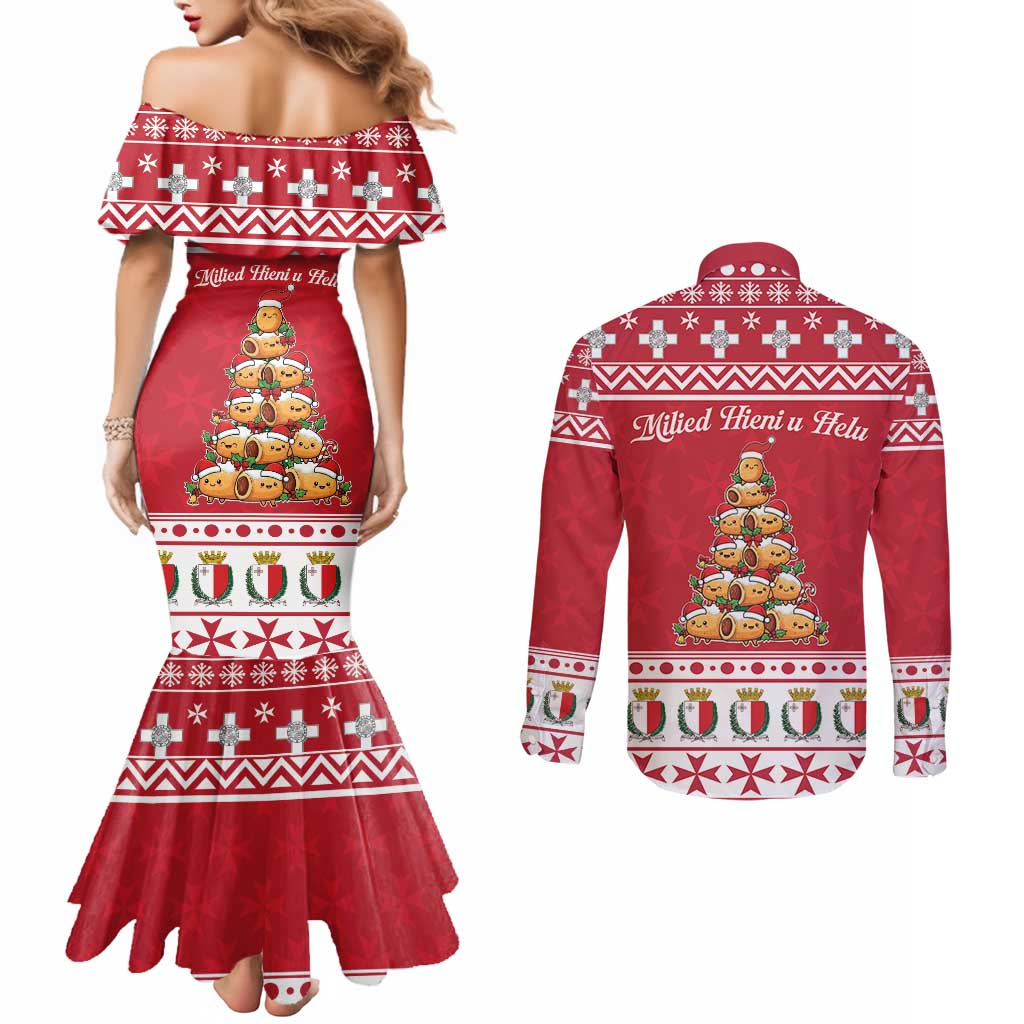 Cute Maltese Imqaret Pastry Christmas Couples Matching Mermaid Dress and Long Sleeve Button Shirt Christmas Joy in Malta - Wonder Print Shop