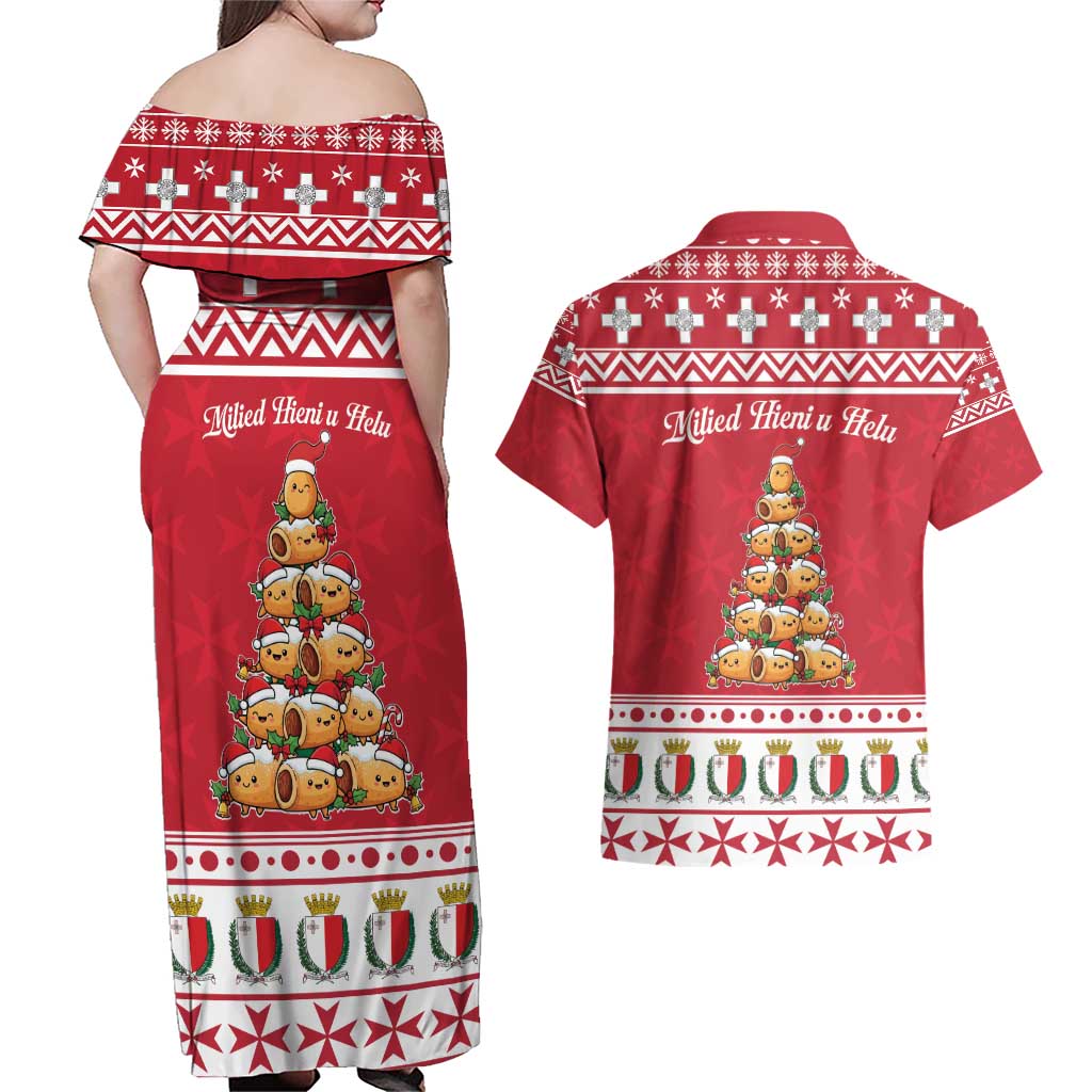 Cute Maltese Imqaret Pastry Christmas Couples Matching Off Shoulder Maxi Dress and Hawaiian Shirt Christmas Joy in Malta - Wonder Print Shop