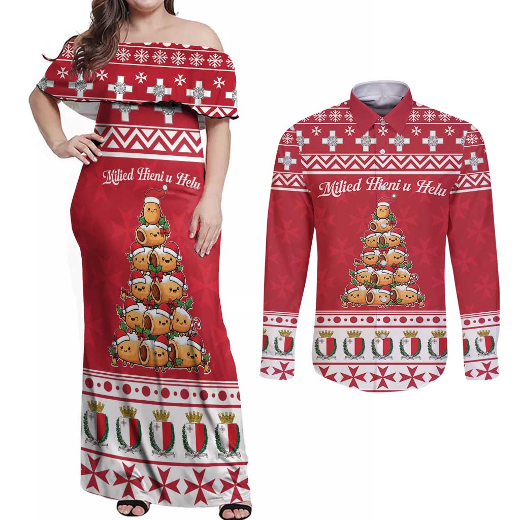 Cute Maltese Imqaret Pastry Christmas Couples Matching Off Shoulder Maxi Dress and Long Sleeve Button Shirt Christmas Joy in Malta - Wonder Print Shop