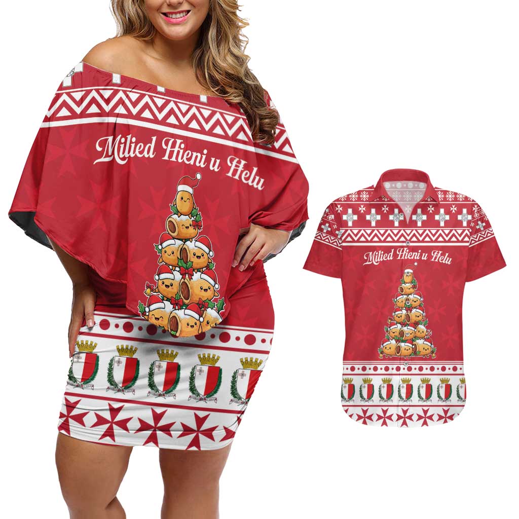Cute Maltese Imqaret Pastry Christmas Couples Matching Off Shoulder Short Dress and Hawaiian Shirt Christmas Joy in Malta - Wonder Print Shop