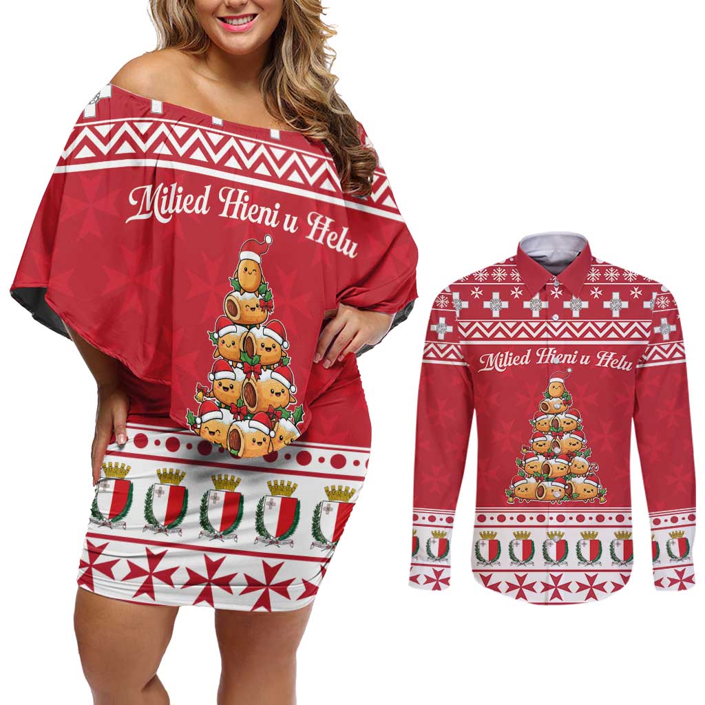 Cute Maltese Imqaret Pastry Christmas Couples Matching Off Shoulder Short Dress and Long Sleeve Button Shirt Christmas Joy in Malta - Wonder Print Shop