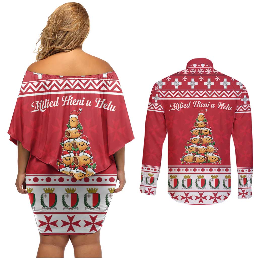 Cute Maltese Imqaret Pastry Christmas Couples Matching Off Shoulder Short Dress and Long Sleeve Button Shirt Christmas Joy in Malta - Wonder Print Shop