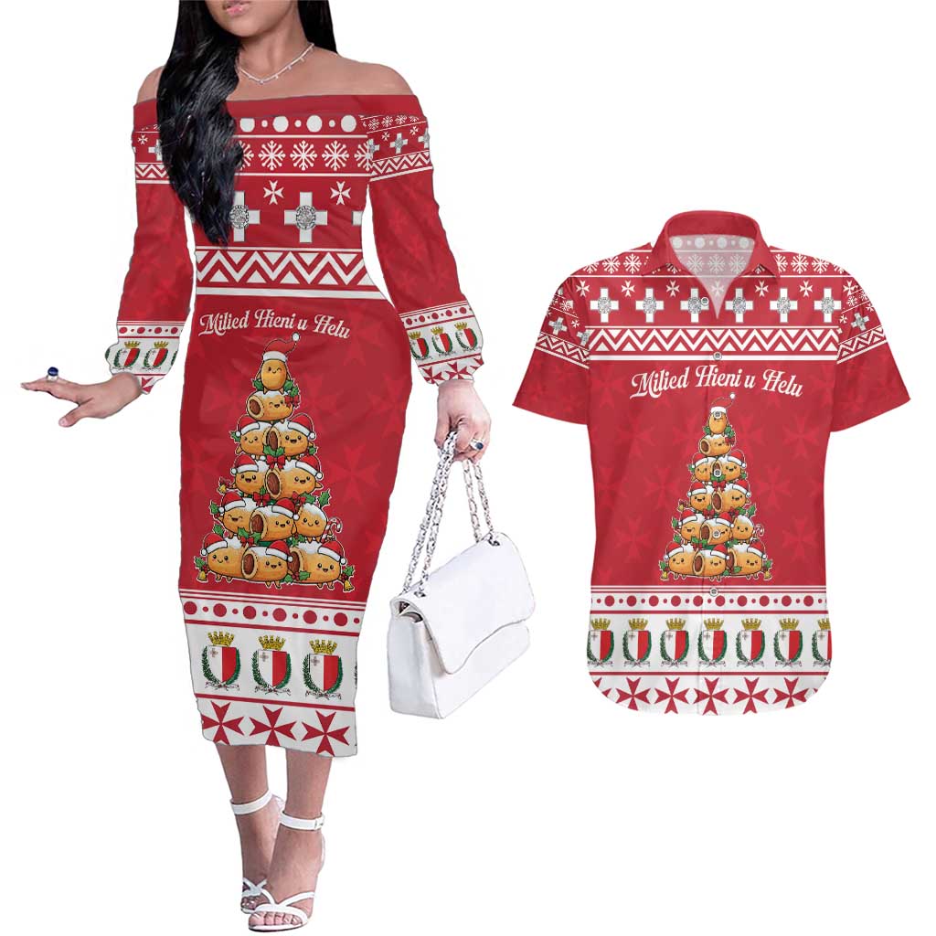Cute Maltese Imqaret Pastry Christmas Couples Matching Off The Shoulder Long Sleeve Dress and Hawaiian Shirt Christmas Joy in Malta - Wonder Print Shop