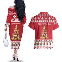 Cute Maltese Imqaret Pastry Christmas Couples Matching Off The Shoulder Long Sleeve Dress and Hawaiian Shirt Christmas Joy in Malta - Wonder Print Shop