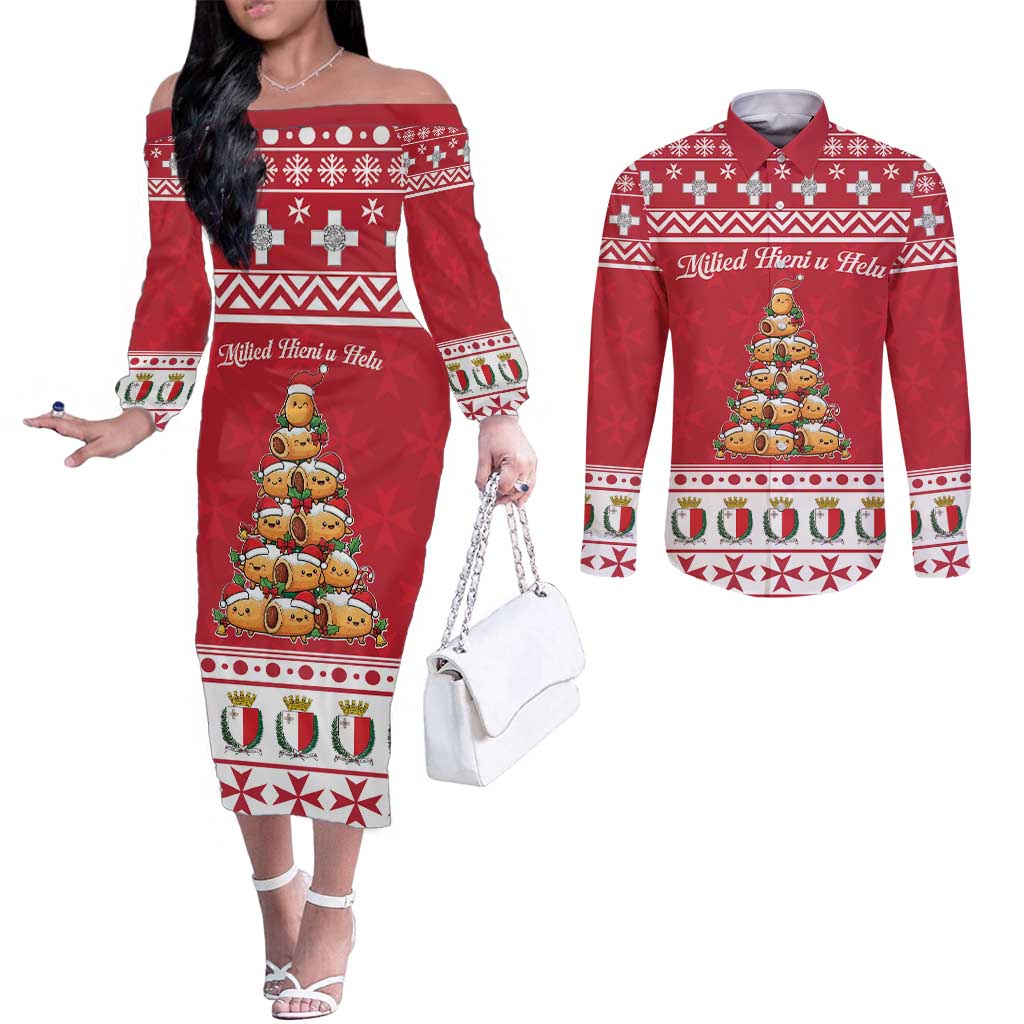 Cute Maltese Imqaret Pastry Christmas Couples Matching Off The Shoulder Long Sleeve Dress and Long Sleeve Button Shirt Christmas Joy in Malta - Wonder Print Shop