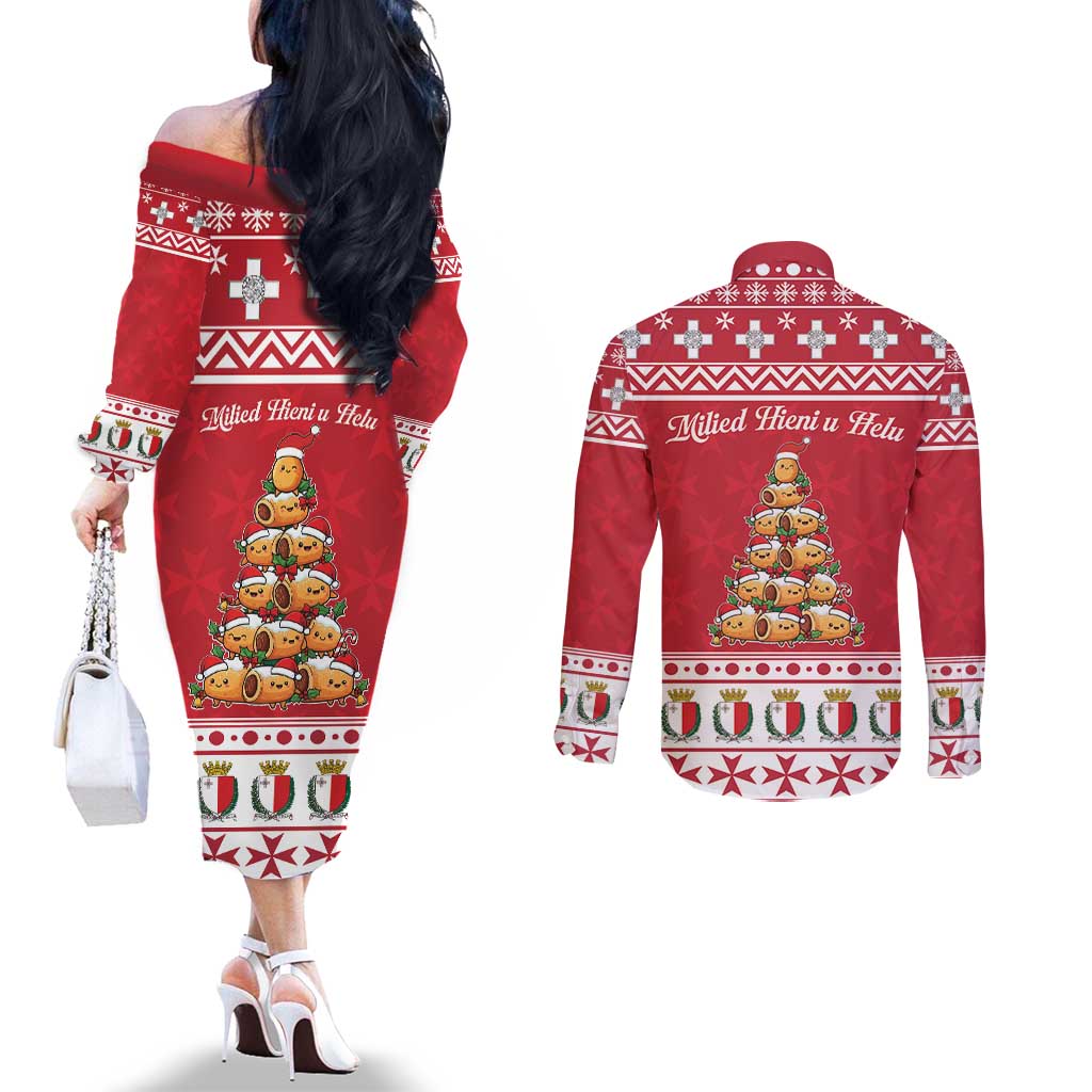 Cute Maltese Imqaret Pastry Christmas Couples Matching Off The Shoulder Long Sleeve Dress and Long Sleeve Button Shirt Christmas Joy in Malta - Wonder Print Shop