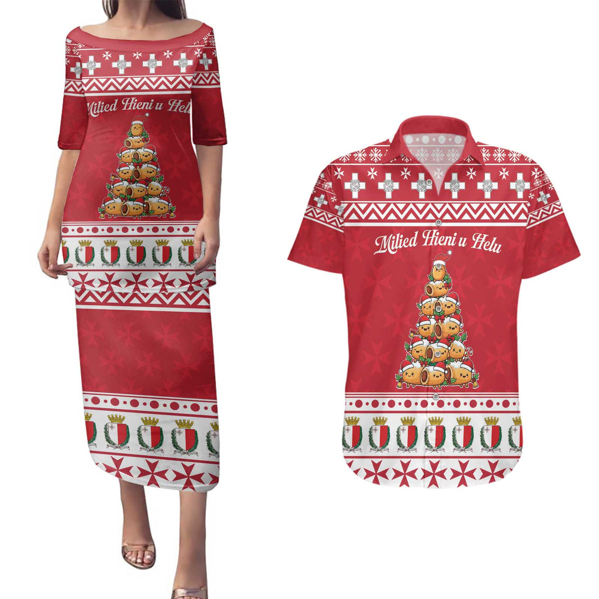Cute Maltese Imqaret Pastry Christmas Couples Matching Puletasi and Hawaiian Shirt Christmas Joy in Malta - Wonder Print Shop