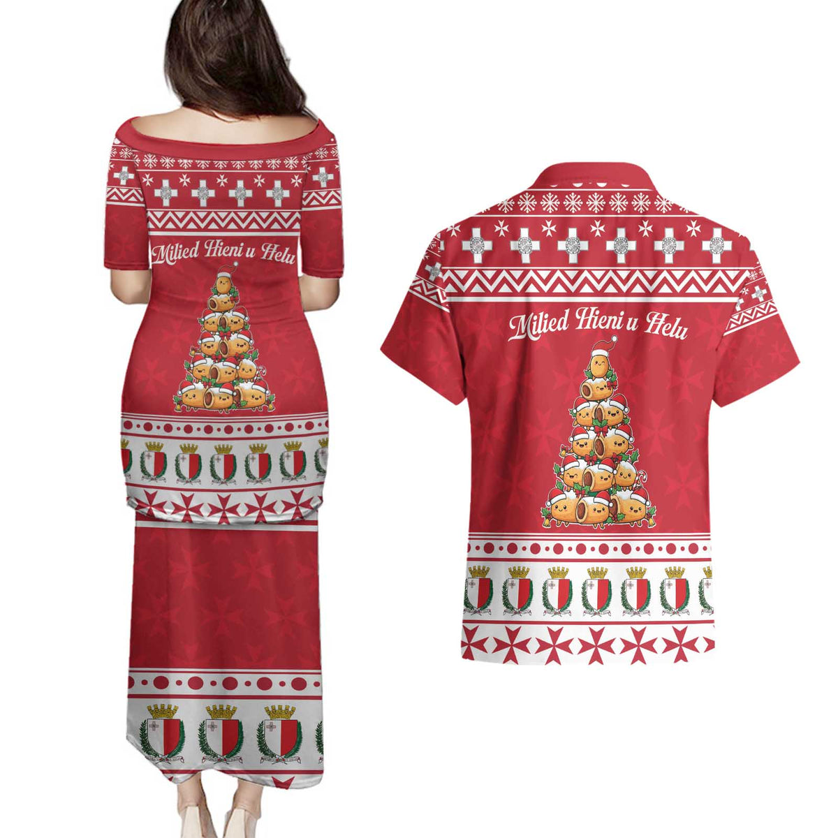 Cute Maltese Imqaret Pastry Christmas Couples Matching Puletasi and Hawaiian Shirt Christmas Joy in Malta - Wonder Print Shop