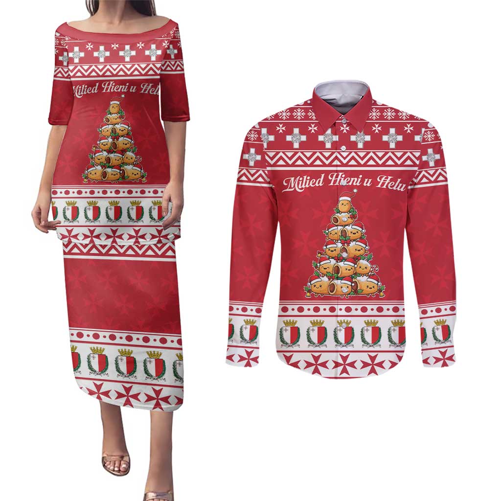 Cute Maltese Imqaret Pastry Christmas Couples Matching Puletasi and Long Sleeve Button Shirt Christmas Joy in Malta - Wonder Print Shop