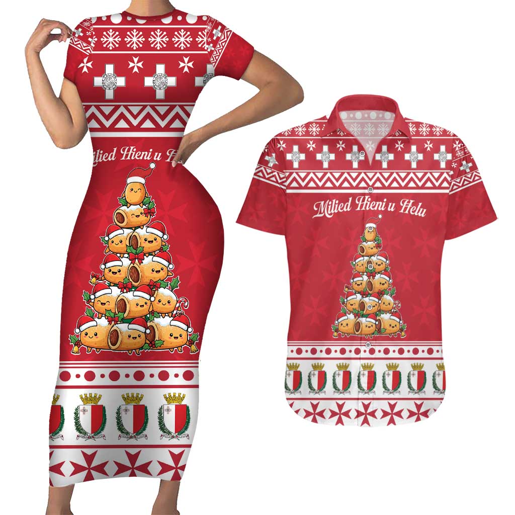 Cute Maltese Imqaret Pastry Christmas Couples Matching Short Sleeve Bodycon Dress and Hawaiian Shirt Christmas Joy in Malta - Wonder Print Shop