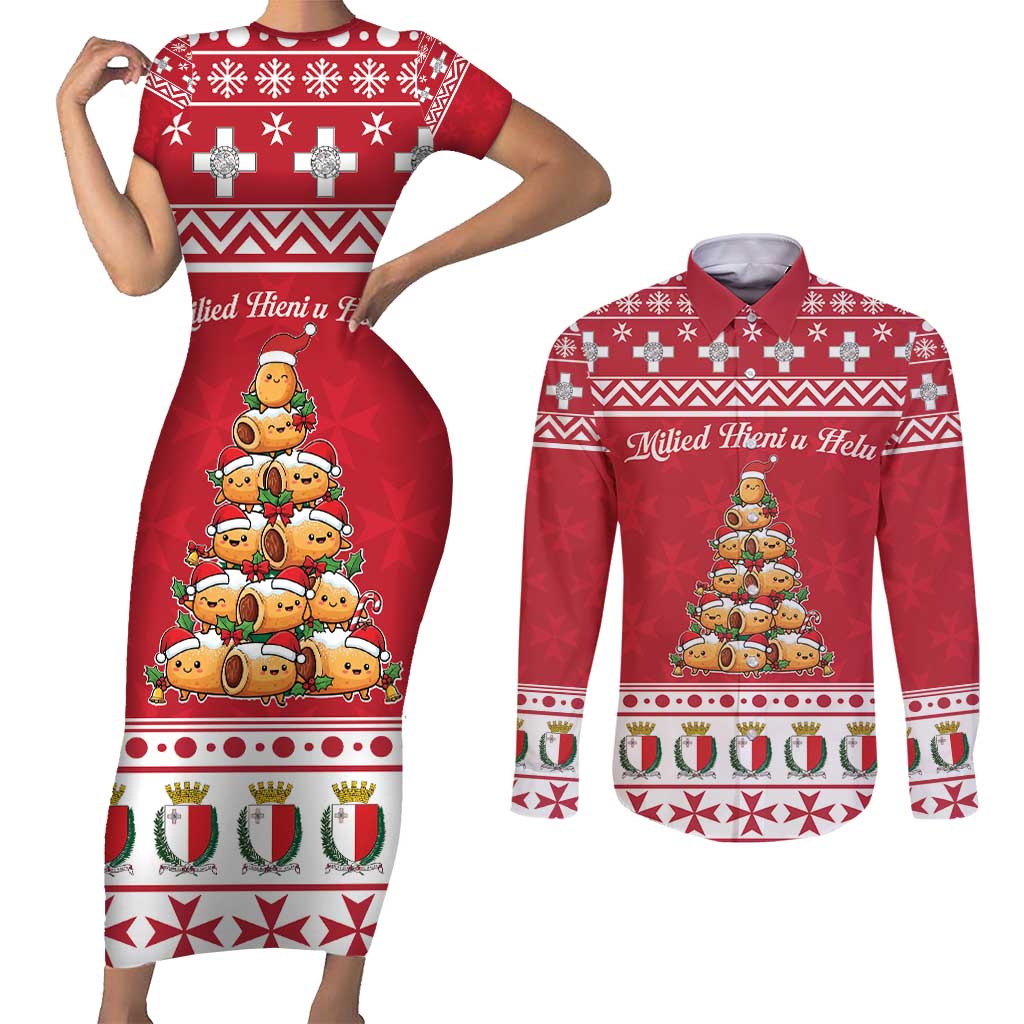 Cute Maltese Imqaret Pastry Christmas Couples Matching Short Sleeve Bodycon Dress and Long Sleeve Button Shirt Christmas Joy in Malta - Wonder Print Shop