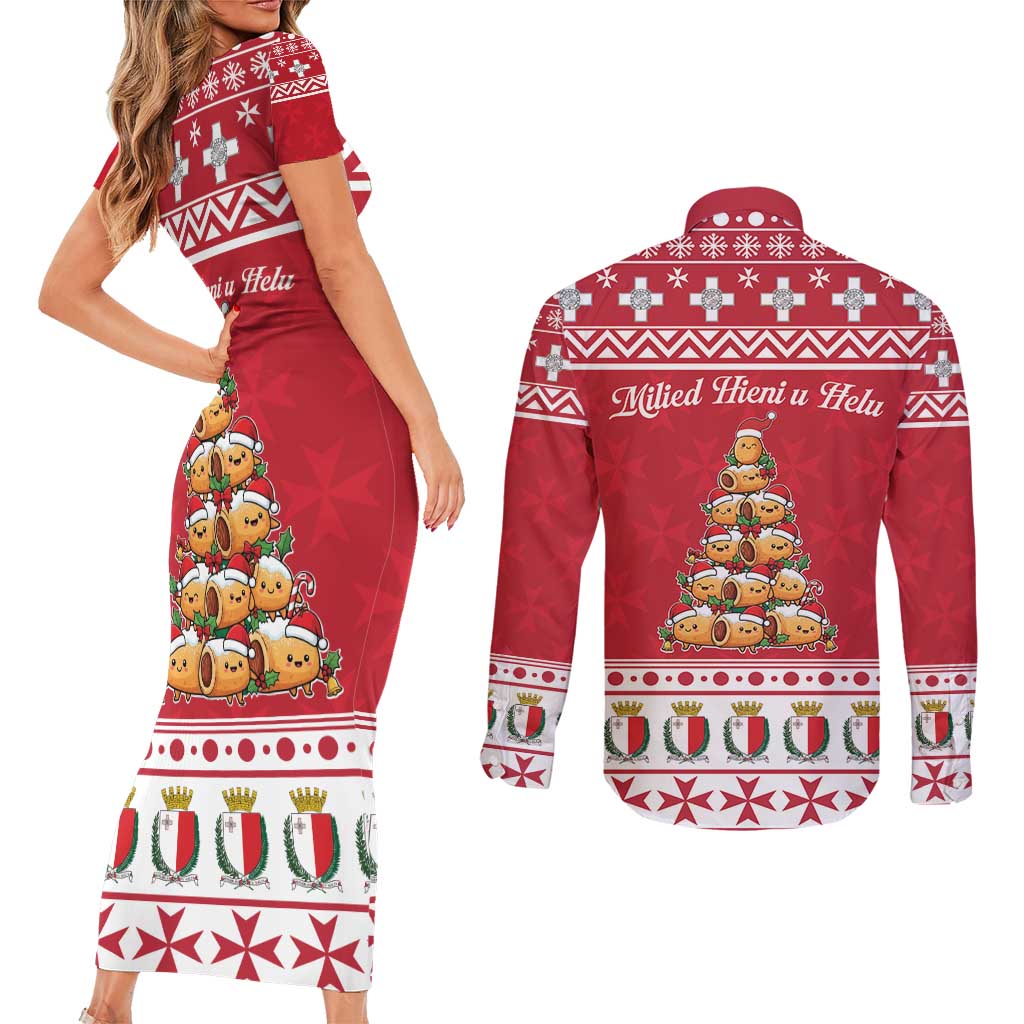 Cute Maltese Imqaret Pastry Christmas Couples Matching Short Sleeve Bodycon Dress and Long Sleeve Button Shirt Christmas Joy in Malta - Wonder Print Shop
