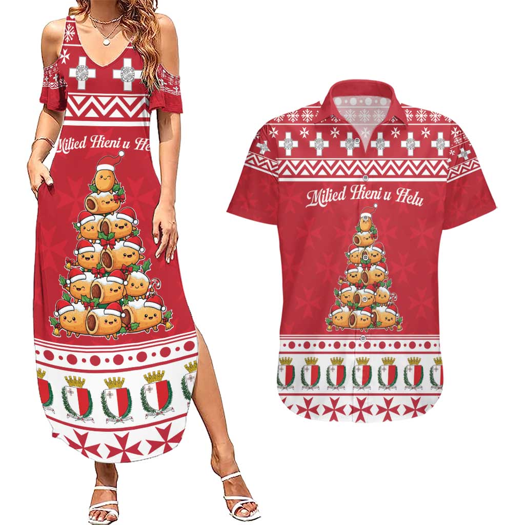 Cute Maltese Imqaret Pastry Christmas Couples Matching Summer Maxi Dress and Hawaiian Shirt Christmas Joy in Malta - Wonder Print Shop