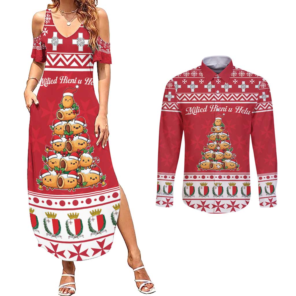 Cute Maltese Imqaret Pastry Christmas Couples Matching Summer Maxi Dress and Long Sleeve Button Shirt Christmas Joy in Malta - Wonder Print Shop