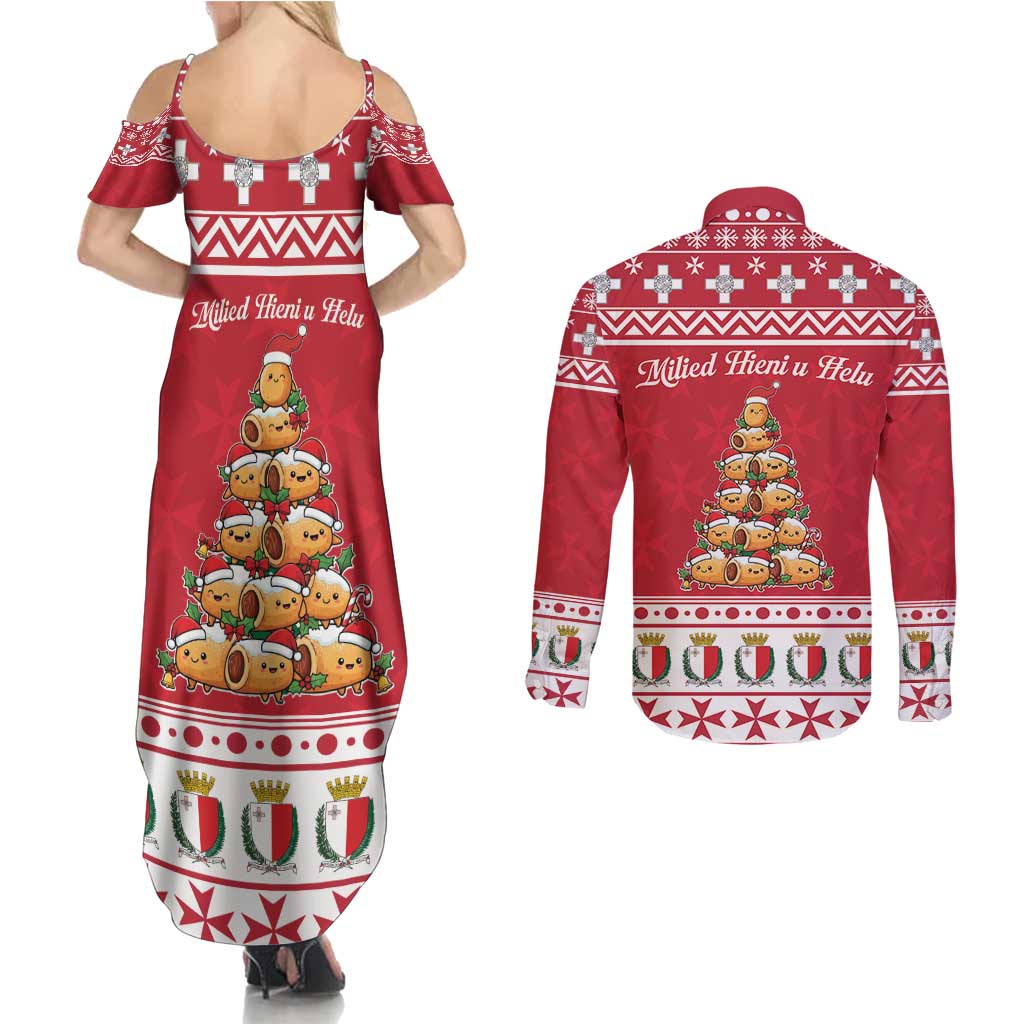 Cute Maltese Imqaret Pastry Christmas Couples Matching Summer Maxi Dress and Long Sleeve Button Shirt Christmas Joy in Malta - Wonder Print Shop
