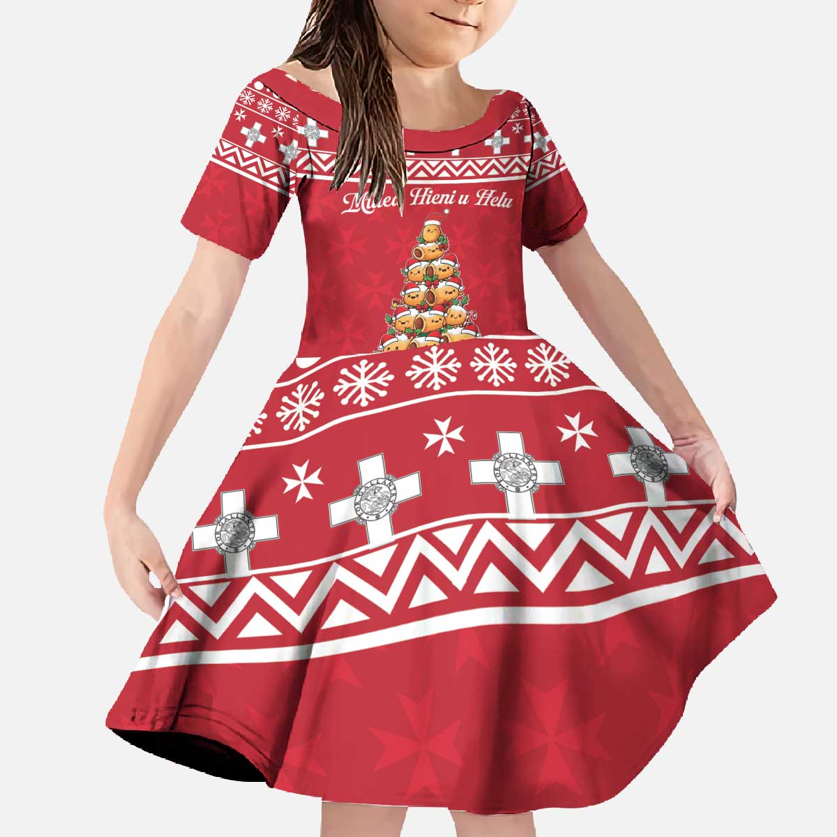 Cute Maltese Imqaret Pastry Christmas Family Matching Off The Shoulder Long Sleeve Dress and Hawaiian Shirt Christmas Joy in Malta - Wonder Print Shop