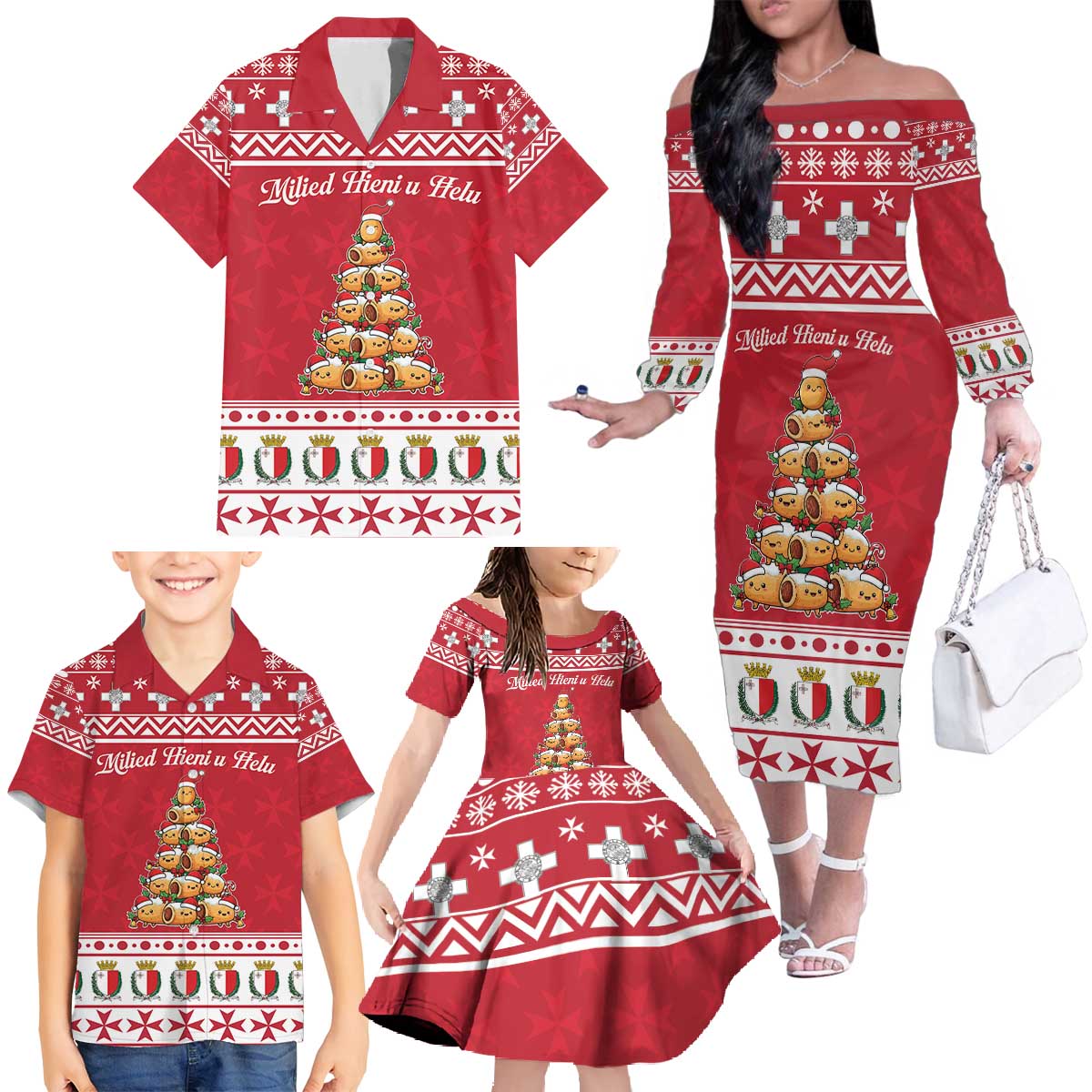 Cute Maltese Imqaret Pastry Christmas Family Matching Off The Shoulder Long Sleeve Dress and Hawaiian Shirt Christmas Joy in Malta - Wonder Print Shop