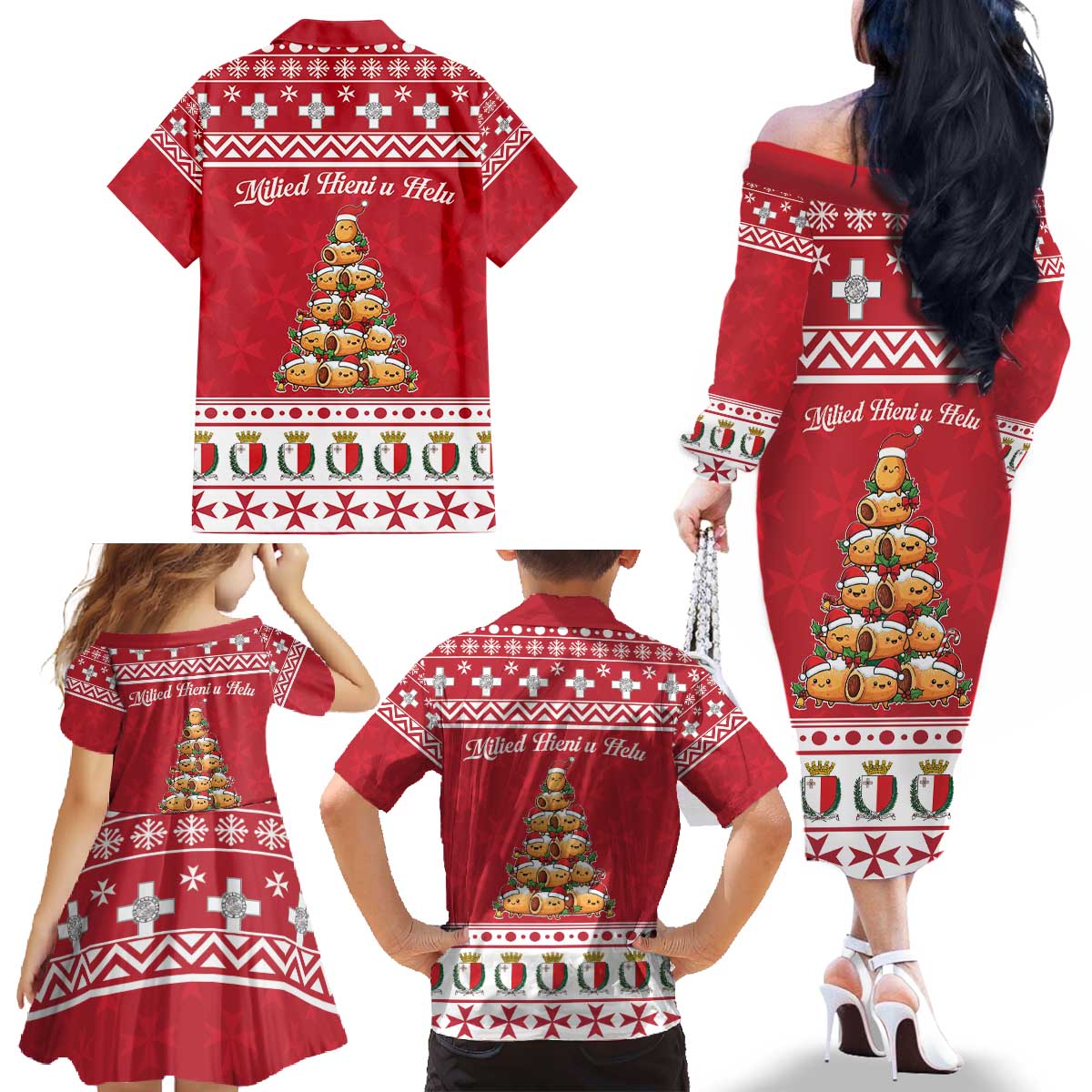 Cute Maltese Imqaret Pastry Christmas Family Matching Off The Shoulder Long Sleeve Dress and Hawaiian Shirt Christmas Joy in Malta - Wonder Print Shop