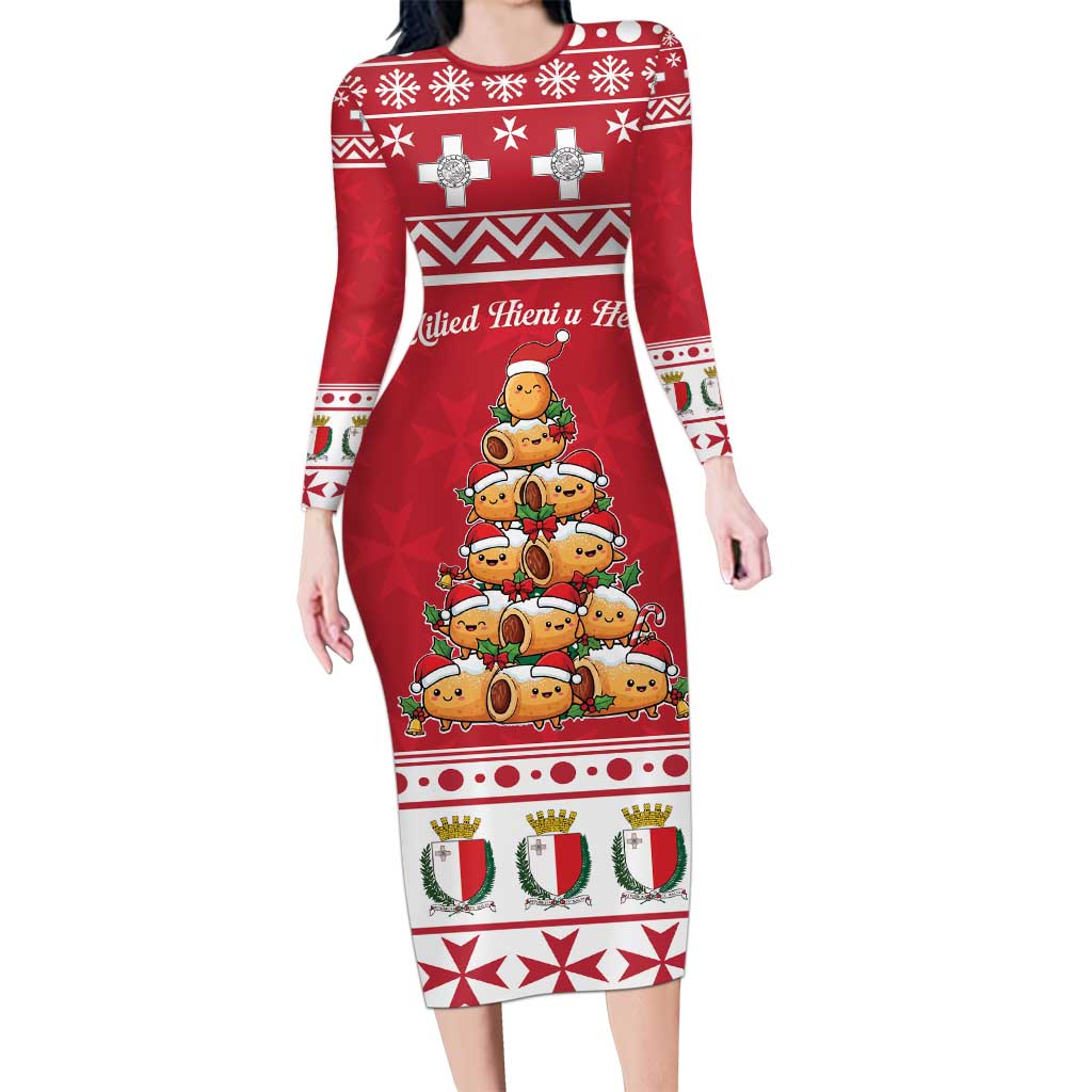 Cute Maltese Imqaret Pastry Christmas Long Sleeve Bodycon Dress Christmas Joy in Malta - Wonder Print Shop