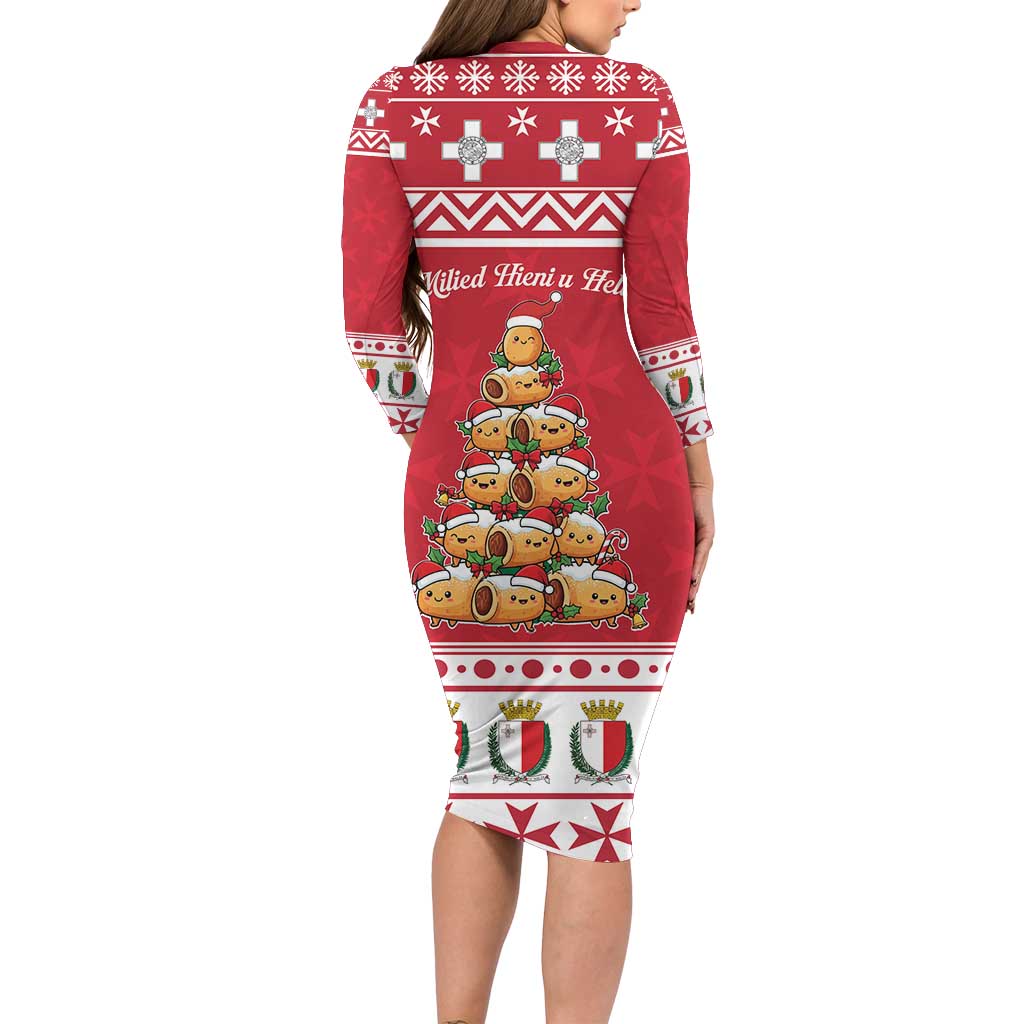 Cute Maltese Imqaret Pastry Christmas Long Sleeve Bodycon Dress Christmas Joy in Malta - Wonder Print Shop