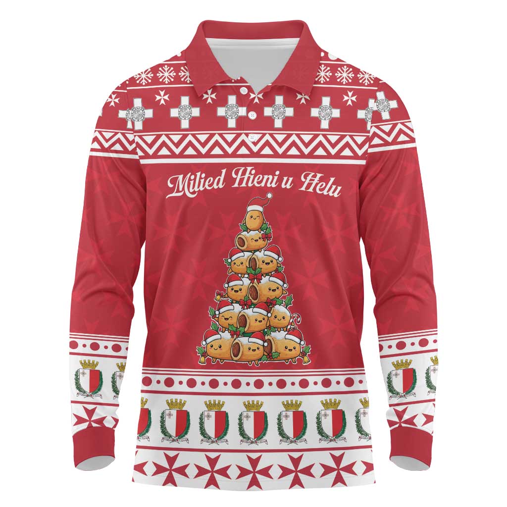 Cute Maltese Imqaret Pastry Christmas Long Sleeve Polo Shirt Christmas Joy in Malta - Wonder Print Shop