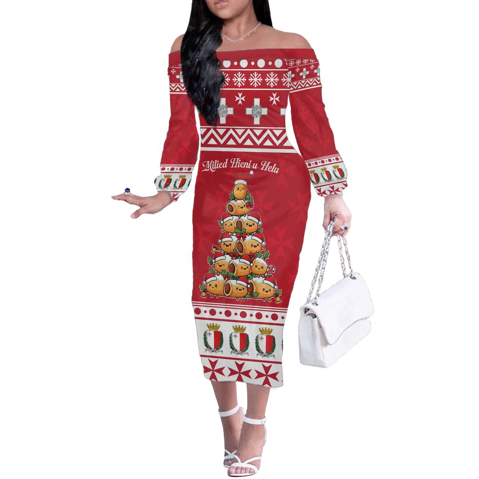 Cute Maltese Imqaret Pastry Christmas Off The Shoulder Long Sleeve Dress Christmas Joy in Malta - Wonder Print Shop