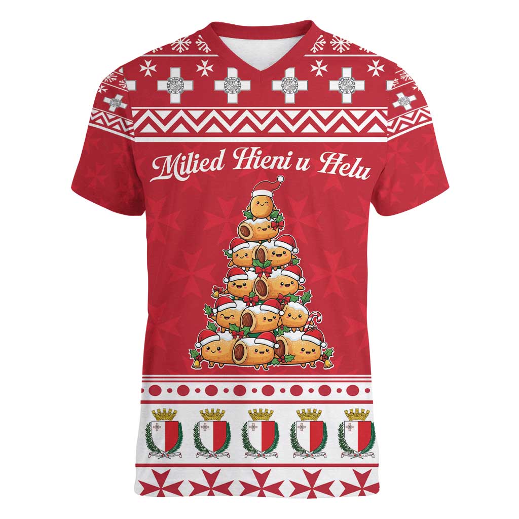Cute Maltese Imqaret Pastry Christmas Women V-Neck T-Shirt Christmas Joy in Malta - Wonder Print Shop