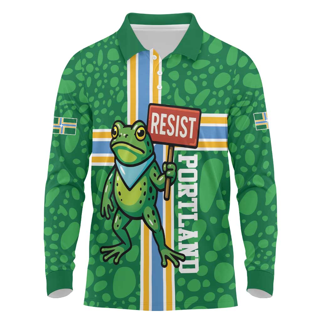 Personalized Resist Portland Frog Long Sleeve Polo Shirt Frog Activist Protest City - Wonder Print Shop