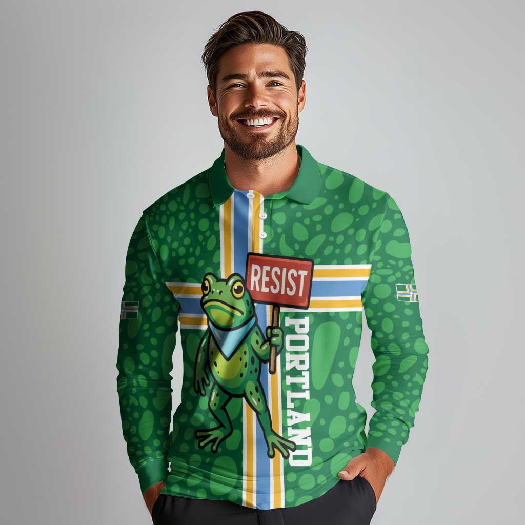 Personalized Resist Portland Frog Long Sleeve Polo Shirt Frog Activist Protest City - Wonder Print Shop