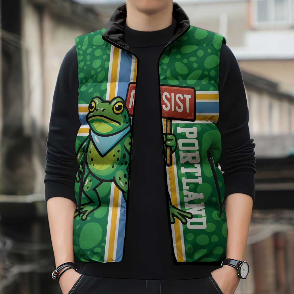 Personalized Resist Portland Frog Sleeveless Puffer Jacket Frog Activist Protest City - Wonder Print Shop