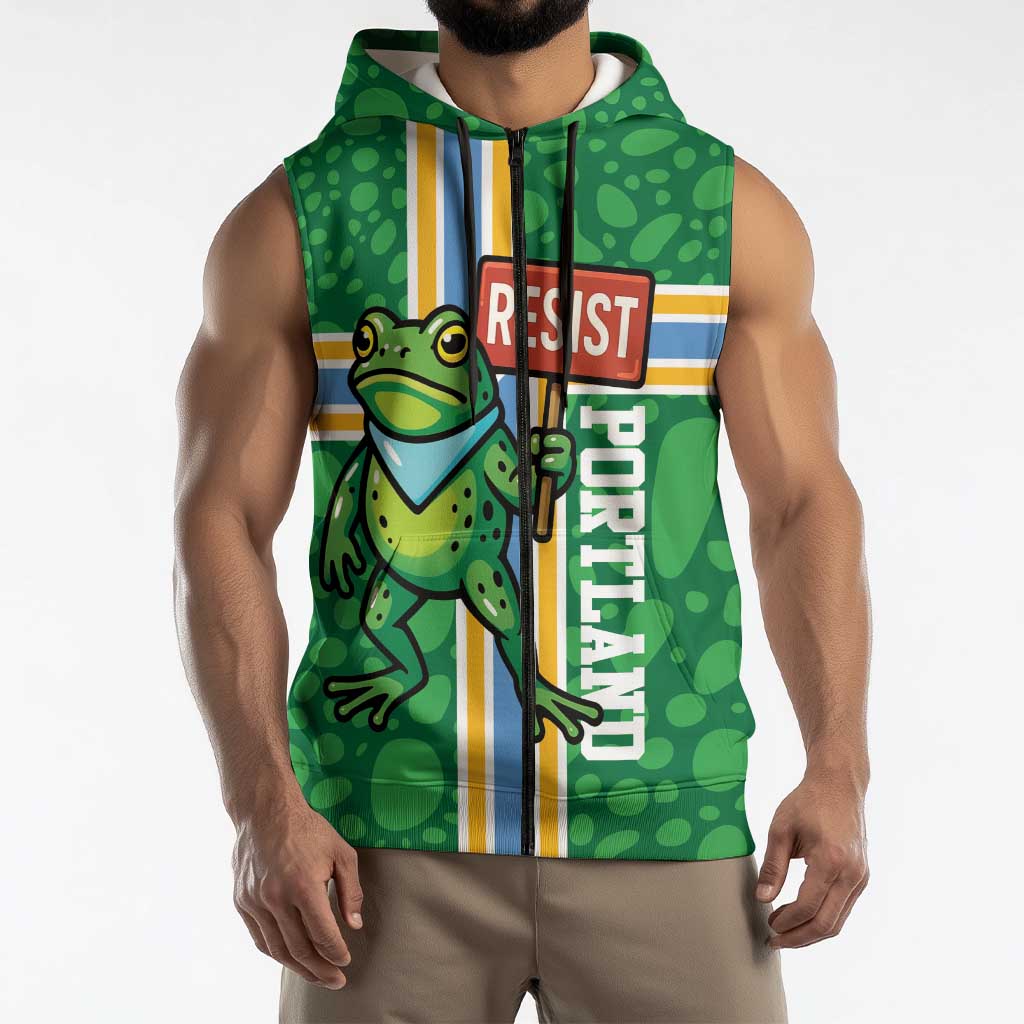 Personalized Resist Portland Frog Sleeveless Zip Hoodie Frog Activist Protest City - Wonder Print Shop