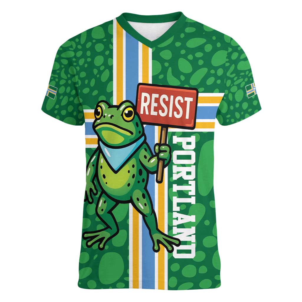 Personalized Resist Portland Frog Women V-Neck T-Shirt Frog Activist Protest City - Wonder Print Shop