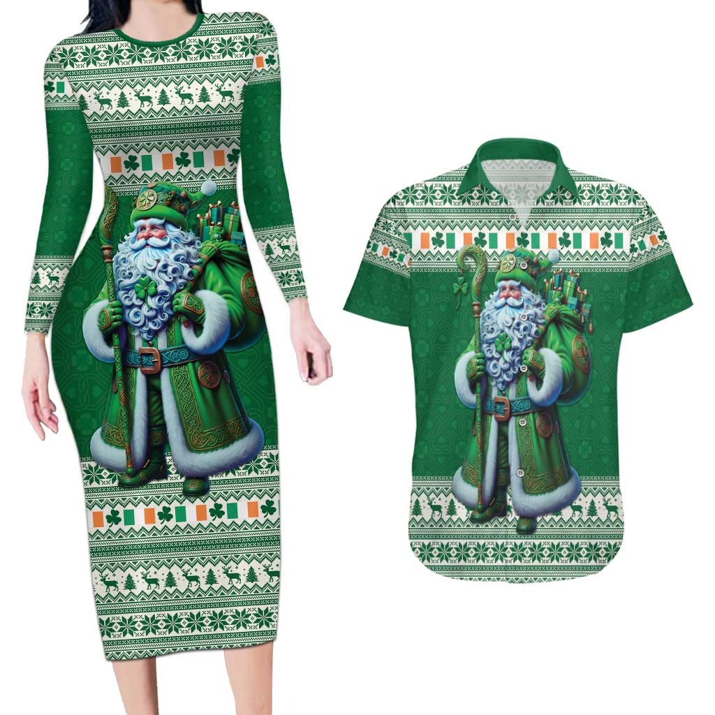 Ireland Christmas Couples Matching Long Sleeve Bodycon Dress and Hawaiian Shirt Irish Santa Claus - Wonder Print Shop