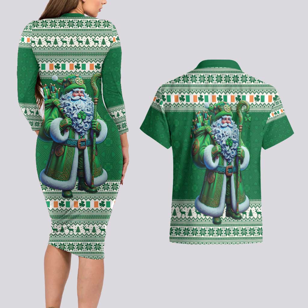Ireland Christmas Couples Matching Long Sleeve Bodycon Dress and Hawaiian Shirt Irish Santa Claus - Wonder Print Shop