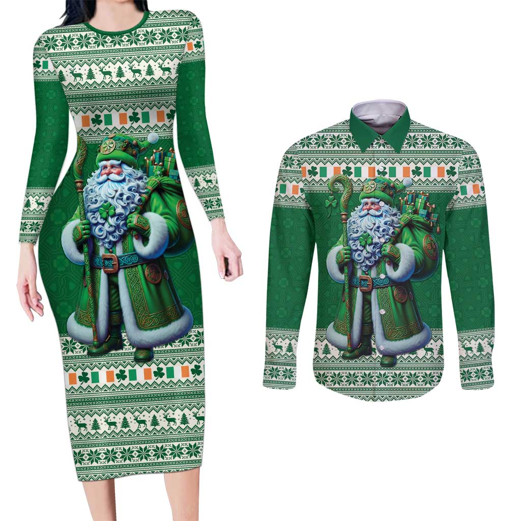 Ireland Christmas Couples Matching Long Sleeve Bodycon Dress and Long Sleeve Button Shirt Irish Santa Claus - Wonder Print Shop