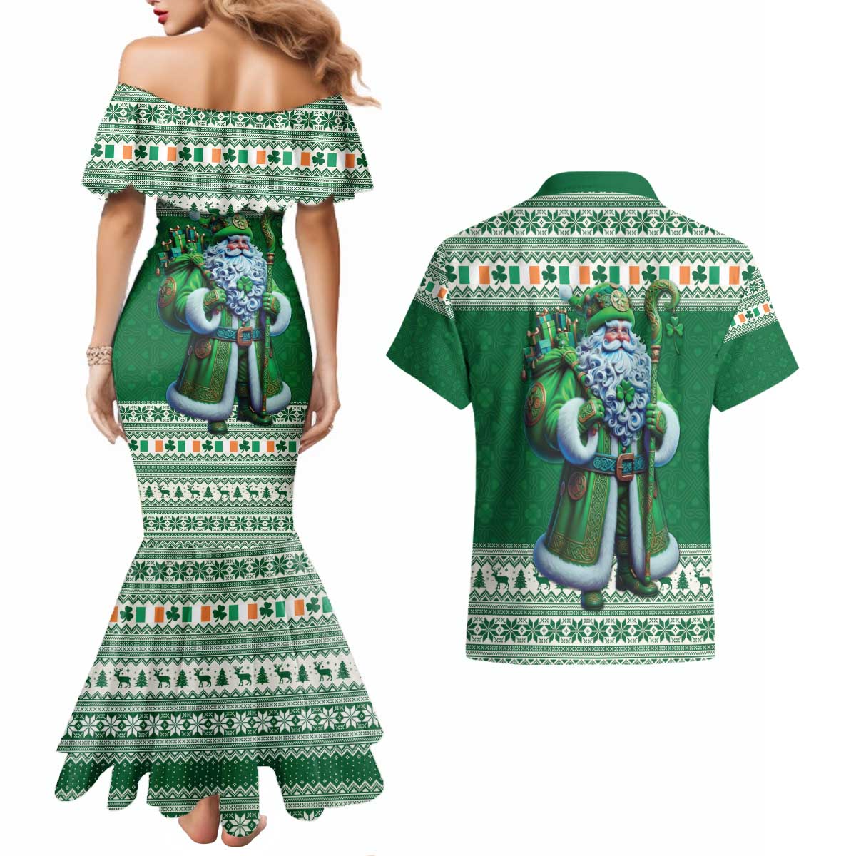 Ireland Christmas Couples Matching Mermaid Dress and Hawaiian Shirt Irish Santa Claus - Wonder Print Shop