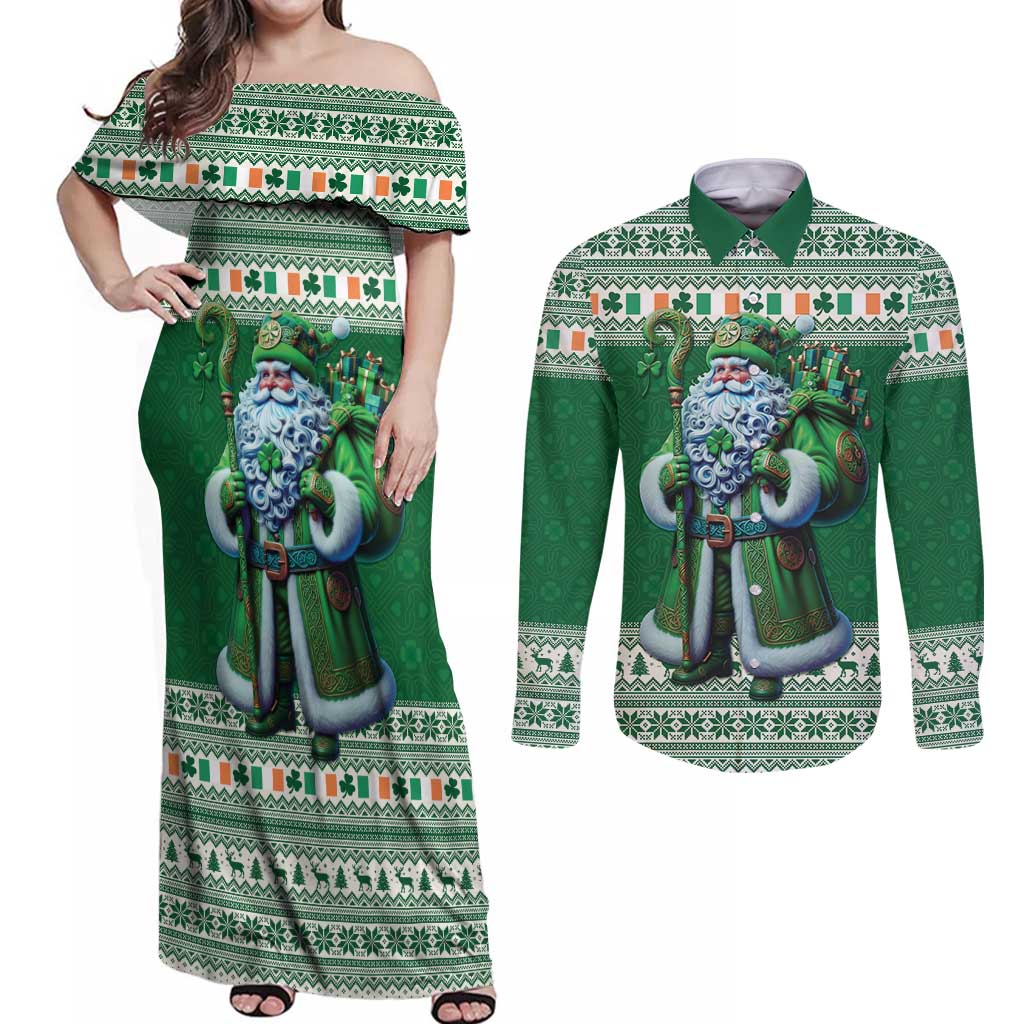 Ireland Christmas Couples Matching Off Shoulder Maxi Dress and Long Sleeve Button Shirt Irish Santa Claus - undefined
