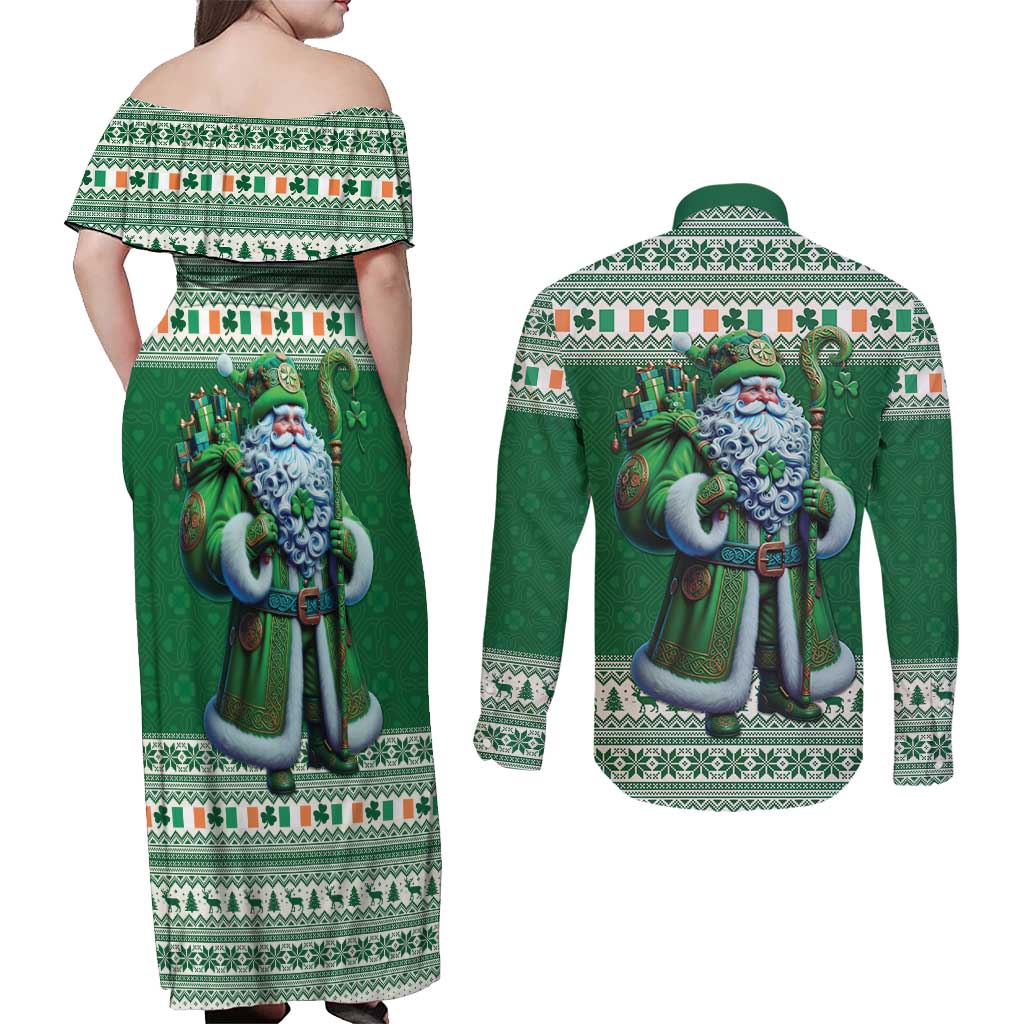 Ireland Christmas Couples Matching Off Shoulder Maxi Dress and Long Sleeve Button Shirt Irish Santa Claus - undefined