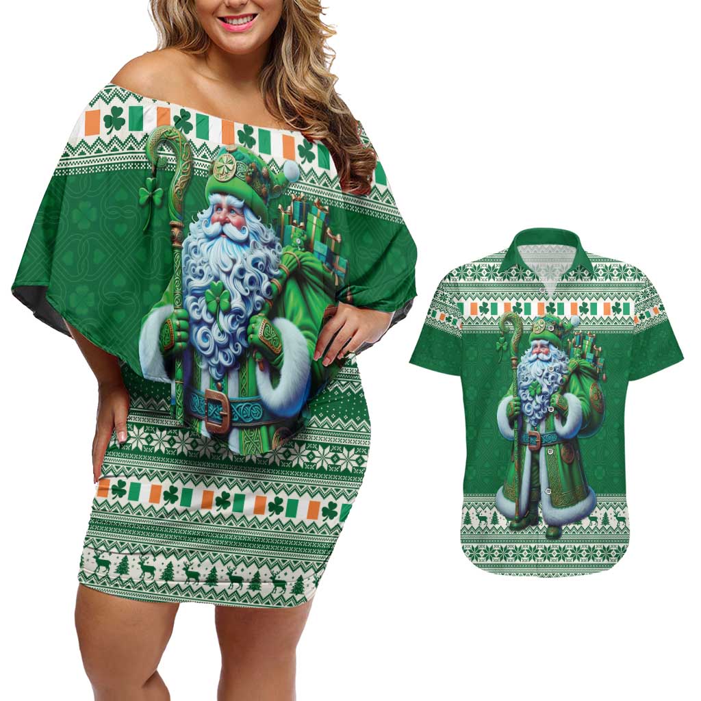 Ireland Christmas Couples Matching Off Shoulder Short Dress and Hawaiian Shirt Irish Santa Claus - Wonder Print Shop