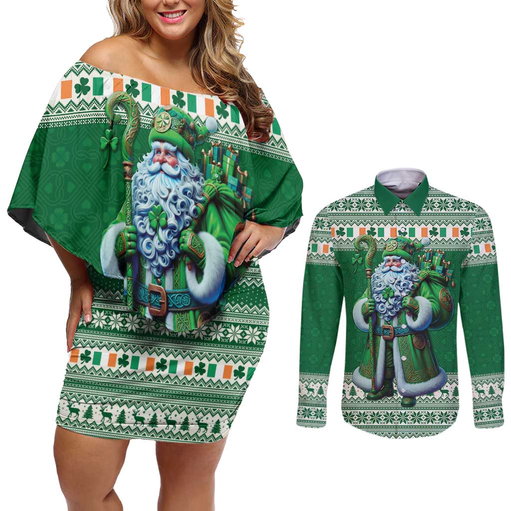 Ireland Christmas Couples Matching Off Shoulder Short Dress and Long Sleeve Button Shirt Irish Santa Claus - Wonder Print Shop